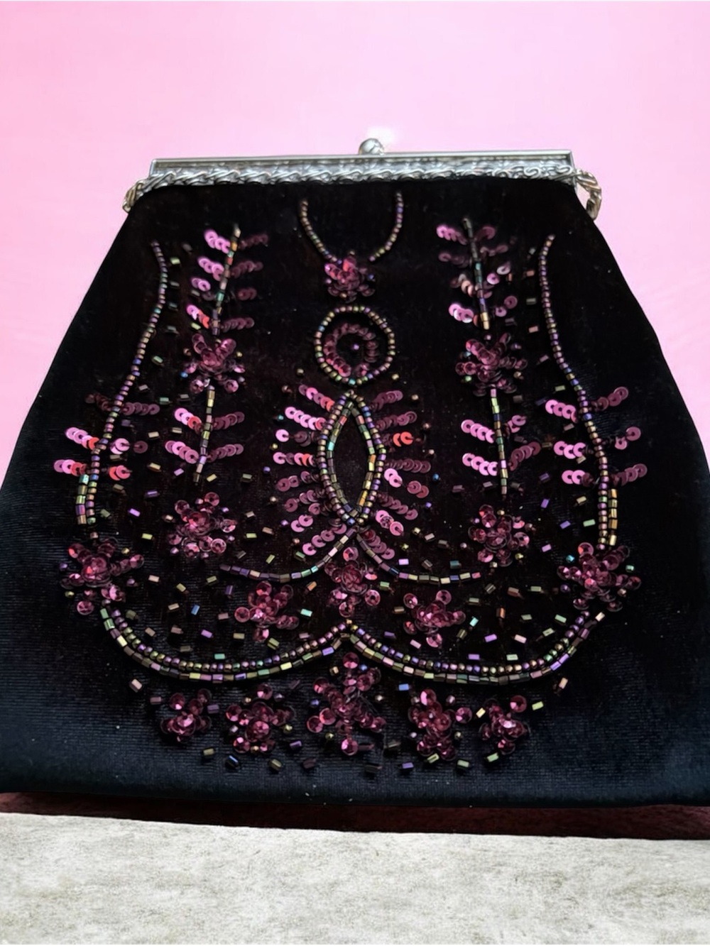 Vintage Embellished Black Velvet Evening Clutch with Pink Sequin Detail